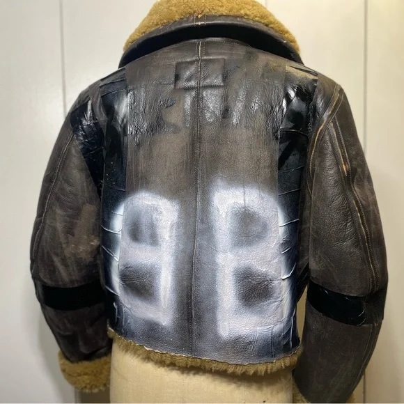 Balenciaga Paint Logo Taped Genuine Shearling Bomber Jacket - Picture 15 of 16
